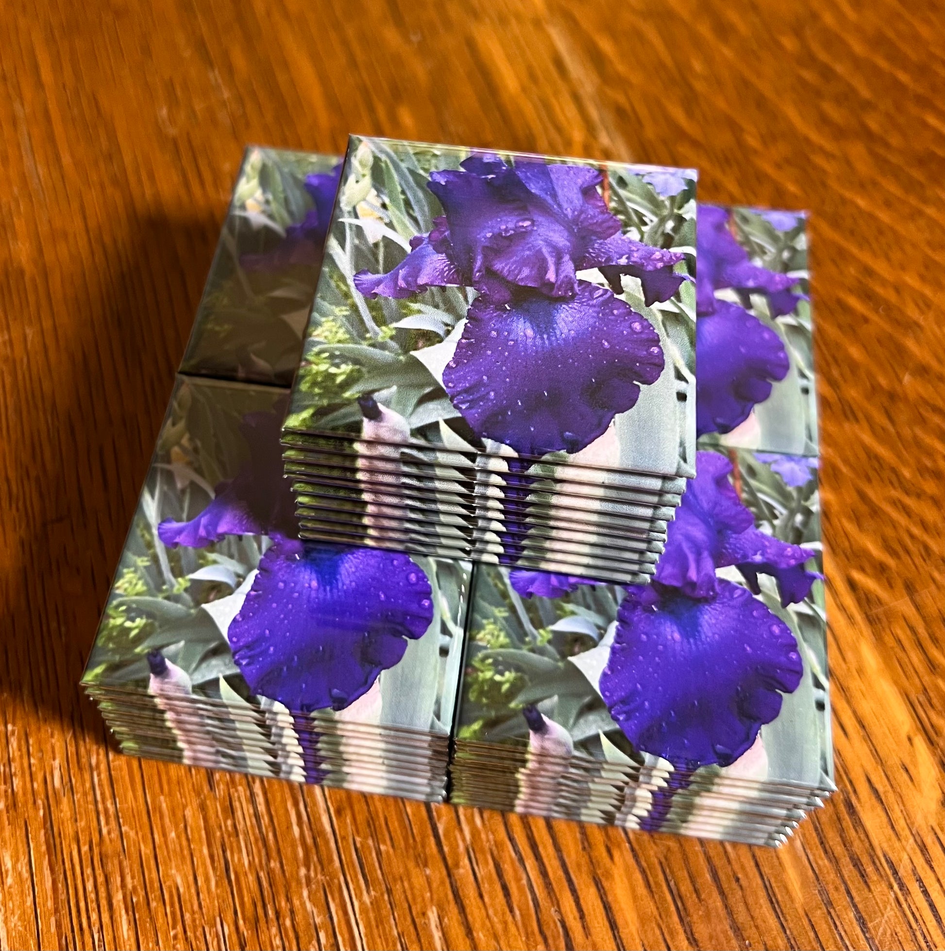Premium custom 2x2 bulk photo magnets for iris flower event. For fridge or any magnetic surface. 