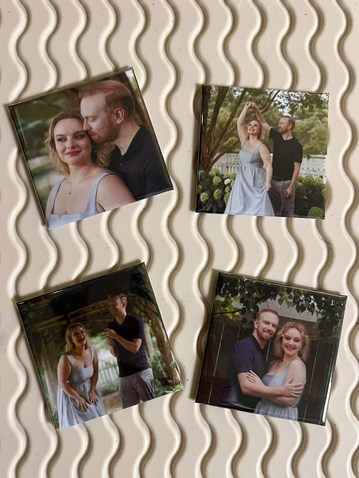 Premium custom 2x2 photo magnets, engagement photos for fridge or any magnetic surface.